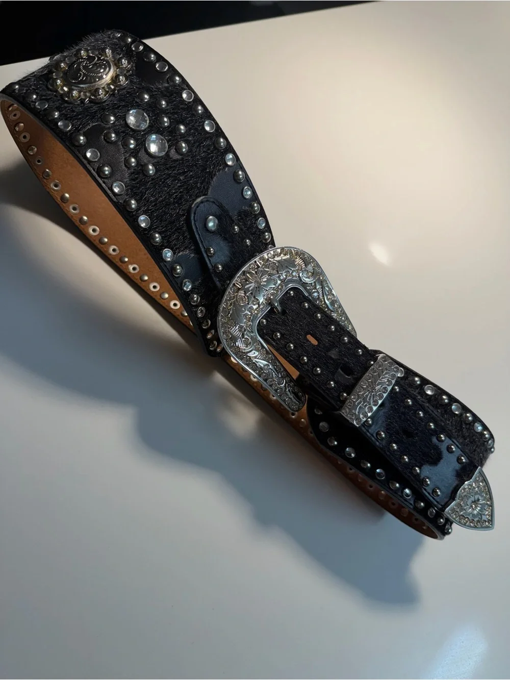 Ariat Black Studded Western Belt with Silver Engraved Buckle
